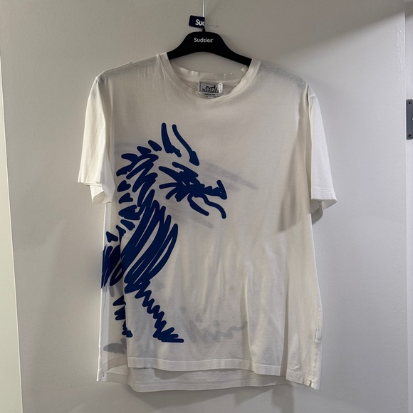 Hermes White Tee with Blue Dragon Design